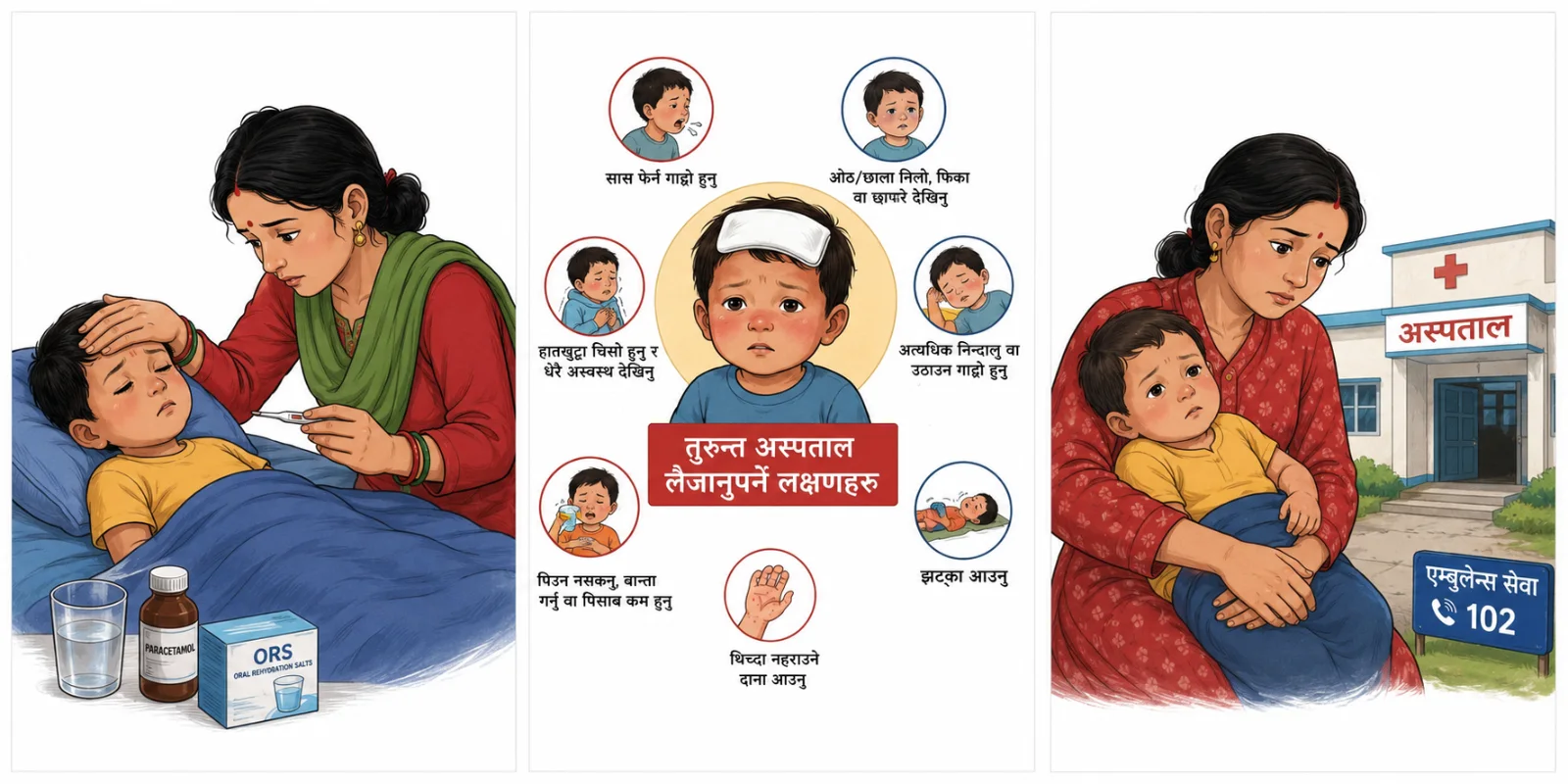 For a child who is alert, breathing comfortably and able to drink:
Offer frequent breastfeeds and suitable fluids.
Keep clothing light and comfortable; do not overwrap the child.
Check the child regularly, including during the night.
Use paracetamol or ibuprofen only when the child is distressed or uncomfortable and the medicine is suitable for their age and health.
Follow the medicine label or advice from a qualified health professional.
Record the temperature, fluids, urine and medicines given.
Do not:
Do not give aspirin to a child.
Do not give paracetamol and ibuprofen together unless advised by a health professional.
Do not use ice, cold baths or alcohol rubs to reduce the temperature.
Do not force food; fluids are more important during a short illness.
Do not give leftover antibiotics or medicines prescribed for another child.
Do not rely on the temperature falling after medicine as proof that the illness is harmless.