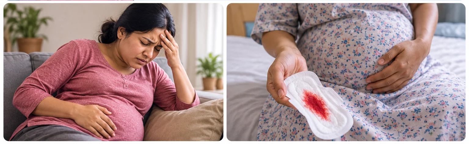 Go immediately to the nearest hospital with maternity or emergency services, or call 102 where an ambulance is available, if any of the following occur:
Heavy vaginal bleeding, passing clots, or bleeding with severe pain, dizziness or fainting
Severe or persistent abdominal pain, especially pain mainly on one side in early pregnancy
Shoulder-tip pain together with abdominal pain, bleeding, dizziness or collapse
A seizure, loss of consciousness, severe confusion or difficulty waking
Severe breathing difficulty, chest pain, coughing blood, collapse, or a very fast heartbeat
One leg becoming suddenly swollen, painful, warm or red
A severe headache that does not settle, blurred vision, flashing lights or loss of vision
Severe pain below the ribs, repeated vomiting, or sudden swelling of the face, hands or feet
The baby moving less than usual, stopping moving, or a clear change in the usual movement pattern
Fluid suddenly leaking or continuously trickling from the vagina
Regular painful contractions or suspected labour before 37 weeks
High fever, shivering, severe weakness, confusion or feeling extremely unwell
Persistent vomiting with inability to keep fluids down or very little urine
Thoughts of suicide, self-harm, harming the baby, or hearing or seeing things that others do not
Severe headache, visual disturbance, pain below the ribs, vomiting and sudden swelling can be symptoms of pre-eclampsia. Vaginal bleeding, reduced baby movements and possible rupture of the waters also require prompt assessment and should not be left until the next day.