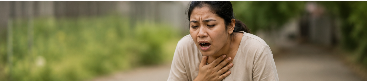 If someone has severe breathing difficulty:

� Call for emergency help immediately.
� Help them sit upright or in the position they find easiest for breathing. Do not force them to lie flat.
� Loosen tight clothing around the neck or chest.
� Keep the area calm and avoid crowds.
� If they have a prescribed reliever inhaler or emergency plan, help them use it as directed.
� If they have a known severe allergy and an adrenaline auto-injector prescribed for them, use it according to their emergency plan and seek emergency help.
� Do not give food, drink, tablets, or medicines by mouth if they are very breathless, drowsy, confused, choking, or unable to swallow safely.
� Do not leave them alone.
� If they become unresponsive and are not breathing normally, start CPR if trained and seek emergency help immediately.