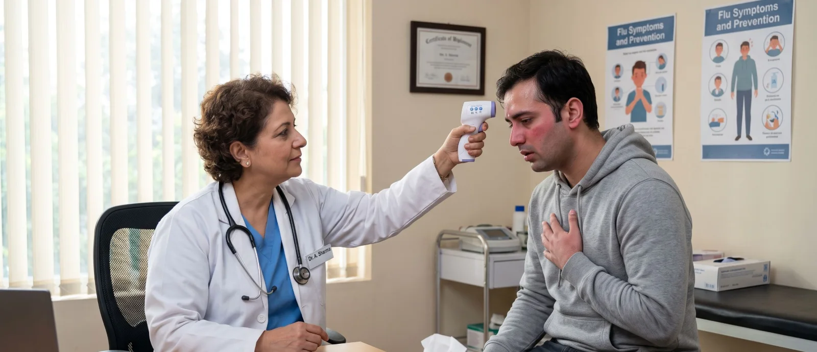 Questions they may ask
When the fever began, its highest reading, other symptoms, travel, mosquito or animal exposure, sick contacts, medicines, vaccinations and existing health conditions.
Physical examination
Temperature, pulse, blood pressure, breathing rate, oxygen level, hydration, alertness, skin and rash, throat, chest, abdomen and other areas suggested by the symptoms.
Tests that may be arranged
Depending on the likely cause, these may include blood tests, urine testing, respiratory swabs, dengue or malaria tests, chest imaging or cultures.